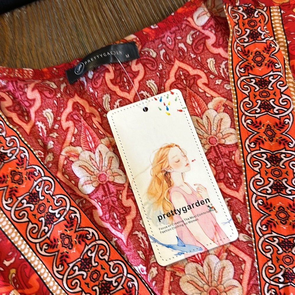 NEW Sexy Boho Style Wrap Floral Print Summer Long Red gold V-Neck Maxi Dress M - Picture 16 of 17